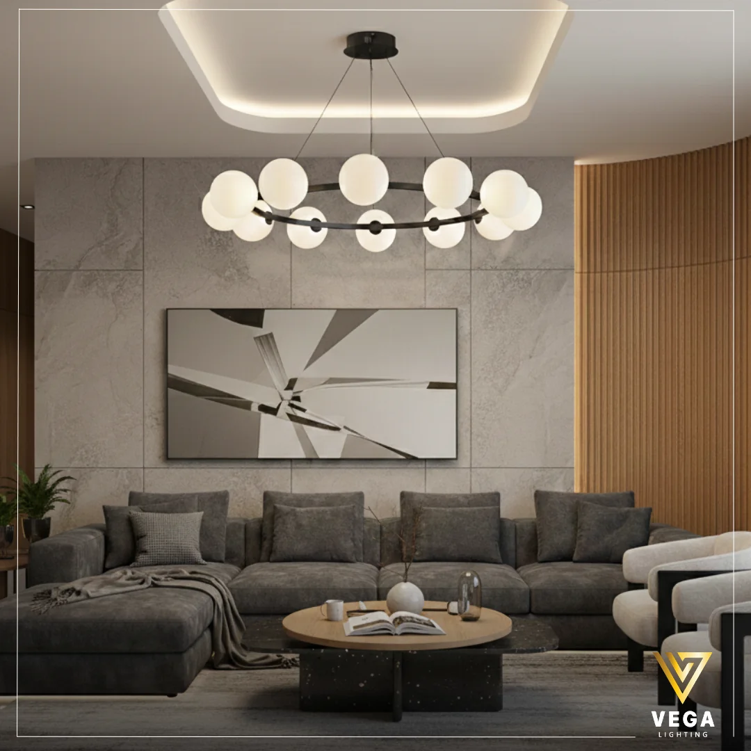 نجفة هالو – HALO نجف مودرن دائري 12 لمبة نجفة مودرن ذهبي أيـون دائرية بـ 12 كرة زجاجية في ريسبشن مودرن من فيجا لايتنج