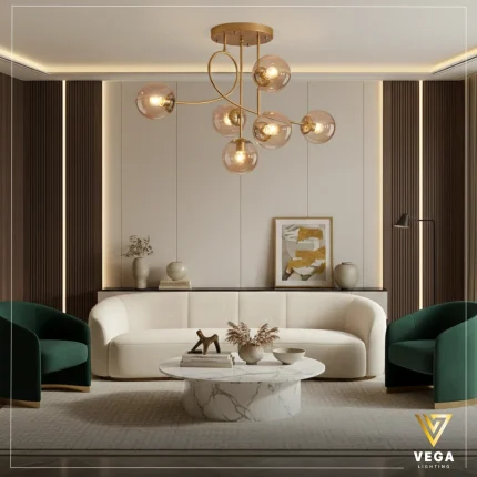 نجفة مودرن ذهبية حلزونية 6 كرات زجاج شفافة بتصميم الترا مودرن للريسبشن