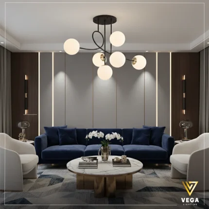 نجفة مودرن سوداء لـونـا بـ 6 كرات زجاجية بيضاء في ريسبشن مودرن من فيجا لايتنج.