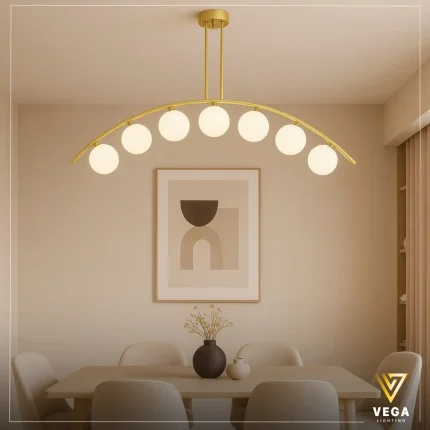 نجفة مودرن ذهبية منحنيّة بكرات زجاجية – نجفة كورفيا CURVIA