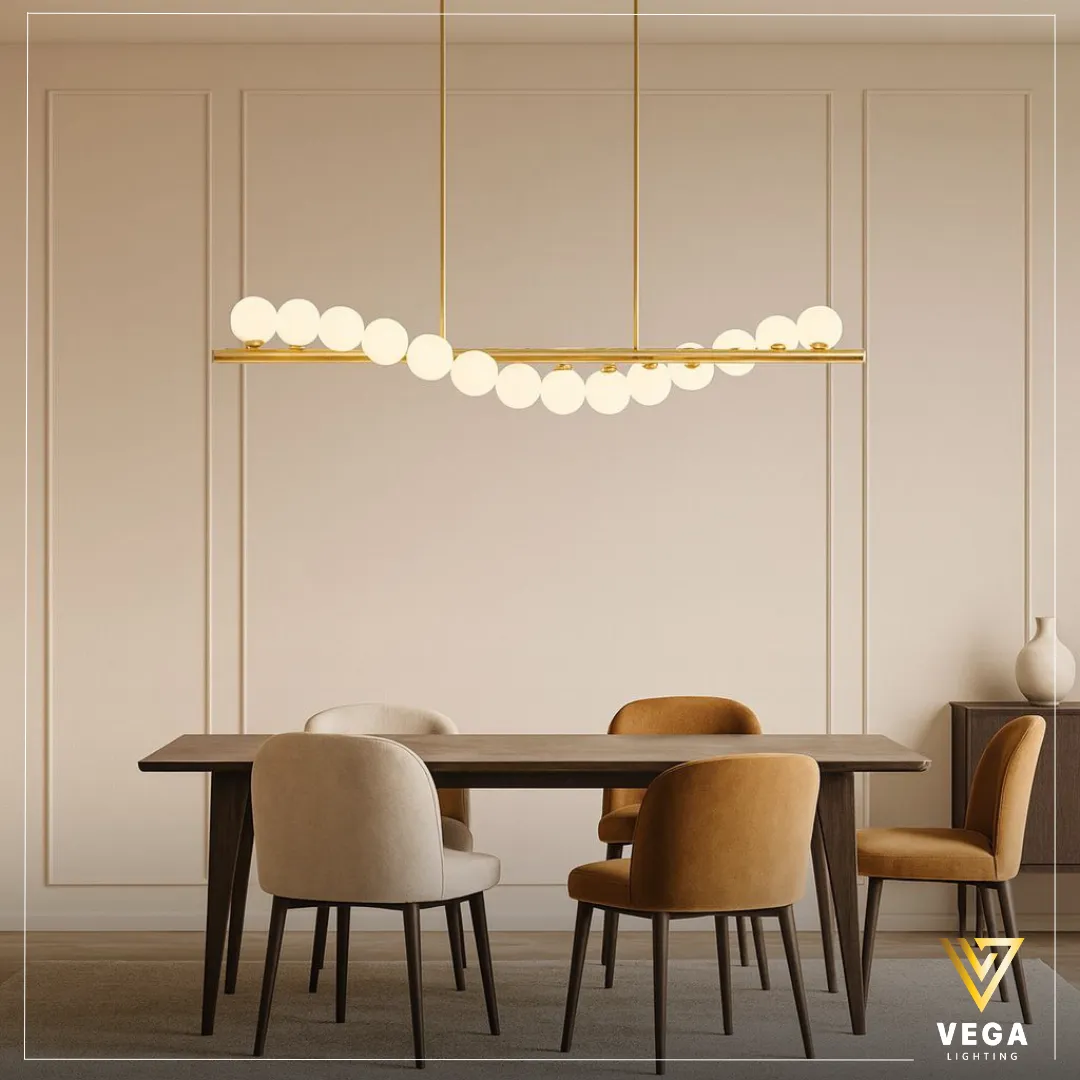 نجفة STELLARA مودرن ذهبية – Vega Lighting نجفة مودرن ذهبية طويلة بكرات زجاجية – نجفة ستيلارا STELLARA