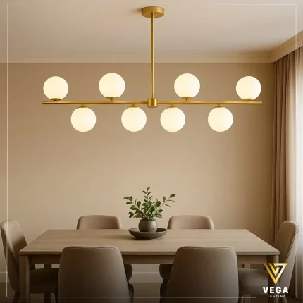 نجفة مودرن ذهبية مع كرات زجاجية بيضاء بتصميم خطي
