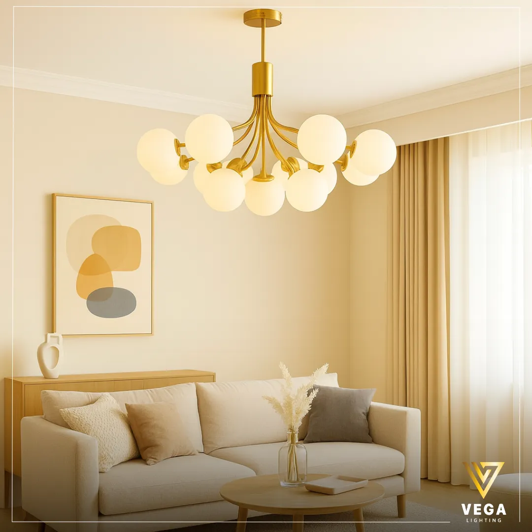 نجفة NOVENA مودرن ذهبية – Vega Lighting نجفة مودرن ذهبية متعددة الأذرع بكرات زجاجية – نجفة نوفينا NOVENA