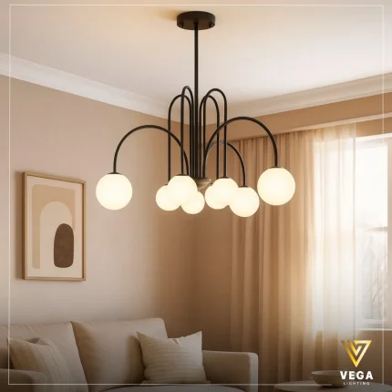 نجفة مودرن سوداء بتصميم منحني وكرات زجاجية بيضاء