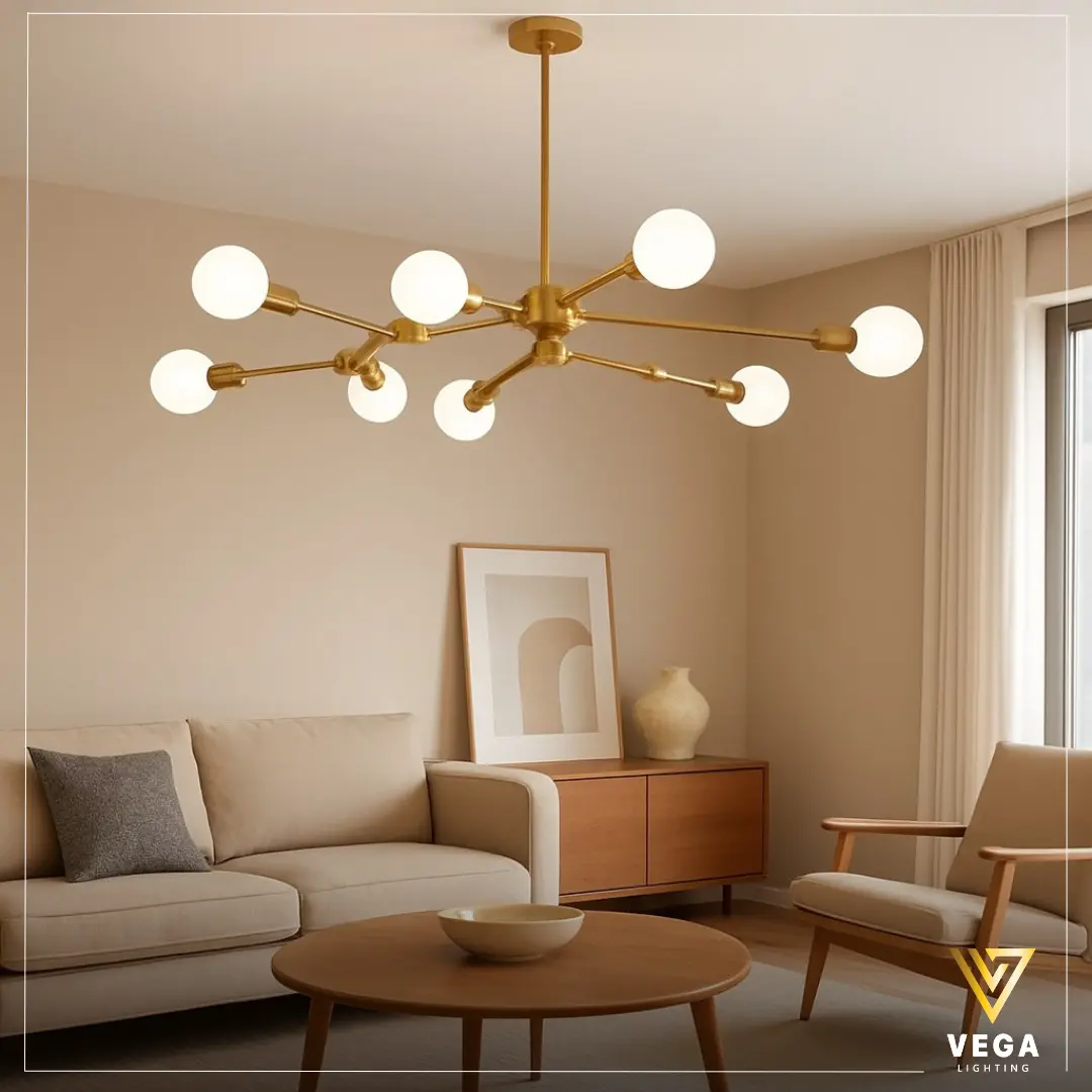 نجفة VECTOR مودرن ذهبية – Vega Lighting نجفة مودرن ذهبية بثماني أذرع وكرات زجاجية في غرفة معيشة