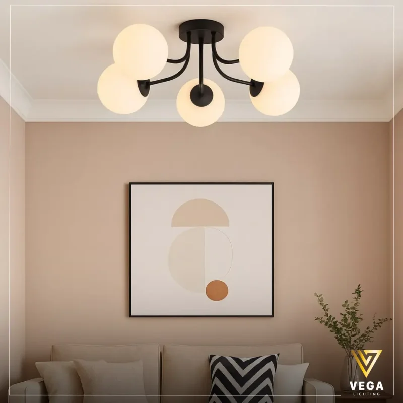 نجفة سقفية مودرن بخمس كرات زجاجية مضيئة بلون دافئ – نجفة سيليو