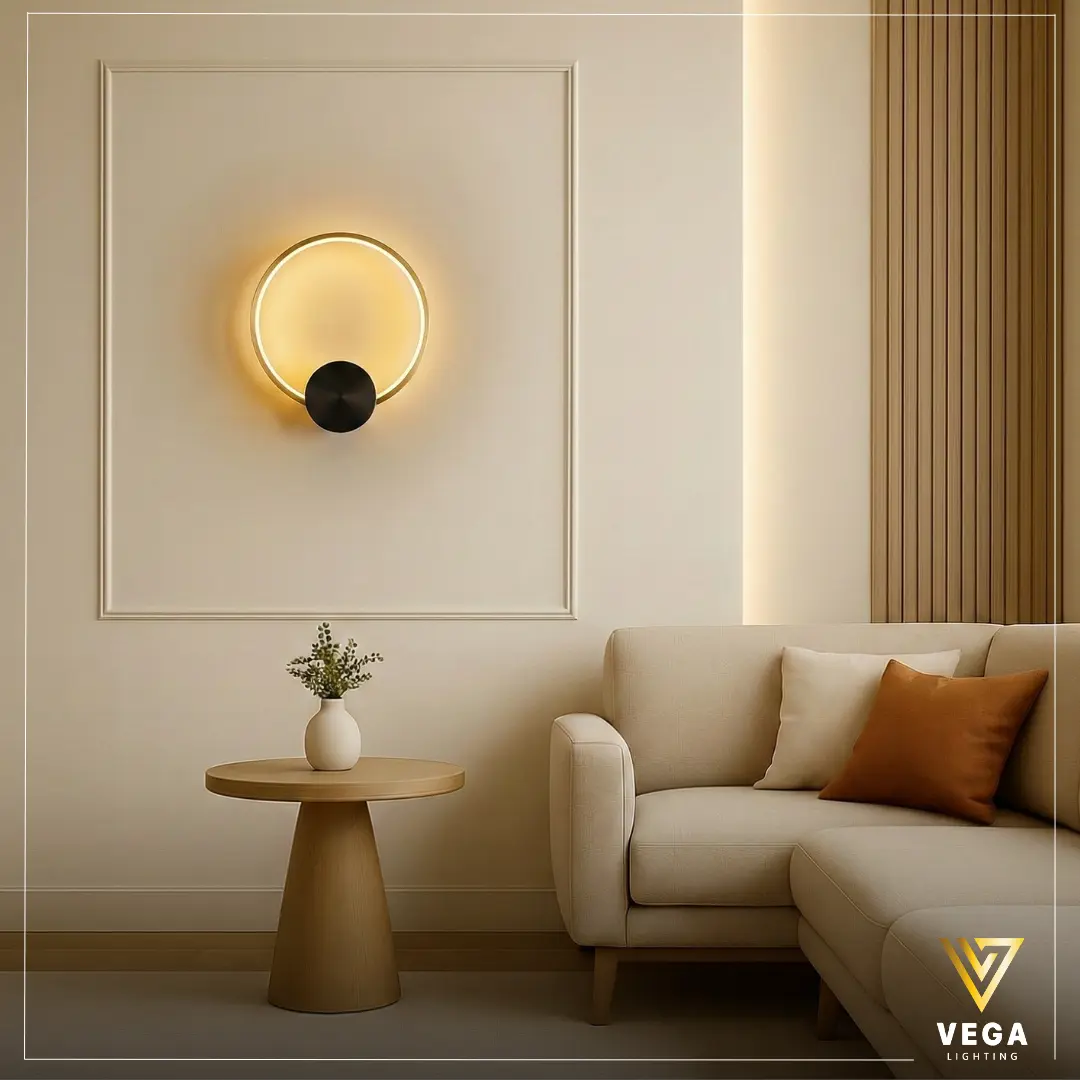 أبليك سيركل مودرن بإضاءة LED دائرية أبليك دائري مودرن بإضاءة LED دافئة وواجهة سوداء.