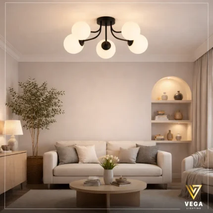 نجفة مودرن سوداء بـ 5 كرات أكريليك بيضاء في غرفة معيشة راقية.