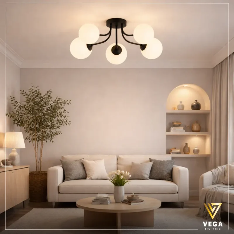 نجفة مودرن سوداء بـ 5 كرات أكريليك بيضاء في غرفة معيشة راقية.