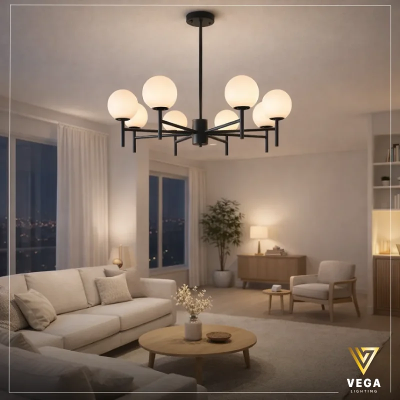 نجفة مودرن سوداء مـيـتـرو 8 كرات زجاجية في ريسبشن واسع