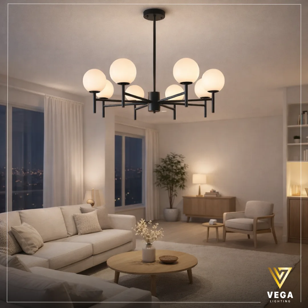 نجفة-مودرن-سوداء-مـيـتـرو-فيجا. نجفة مودرن سوداء مـيـتـرو 8 كرات زجاجية في ريسبشن واسع