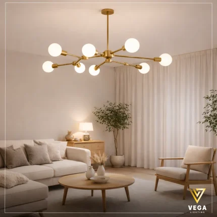 نجفة مودرن سوداء ريـا 8 كرات زجاجية في ريسبشن واسع من فيج