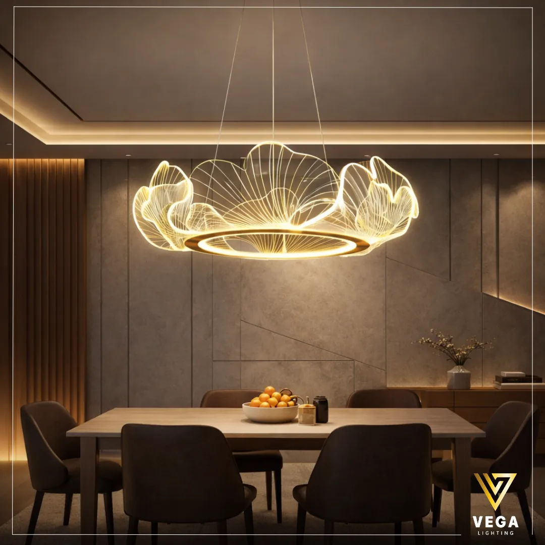 نجفة-هالوجن-ذهبية-ليد نجفة هالوجن ذهبية ليد ألومنيوم تصميم بتلات ورد أكريليك