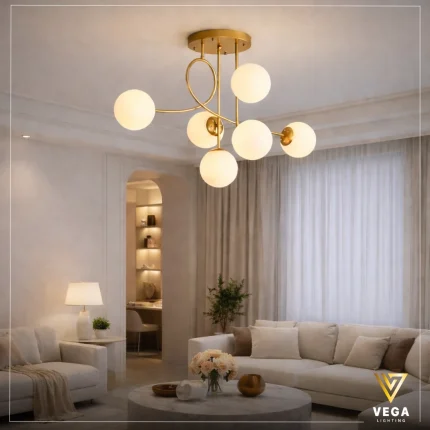 نجفة مودرن ذهبي لـونـا 6 كرات زجاجية بتصميم انسيابي حلزوني في ريسبشن عصري من فيجا.