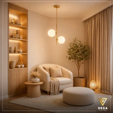 معلقة مودرن ذهبي أسـتـرا علاقي ثنائي بكرتين زجاجيتين في ركن معيشة عصري من فيجا.