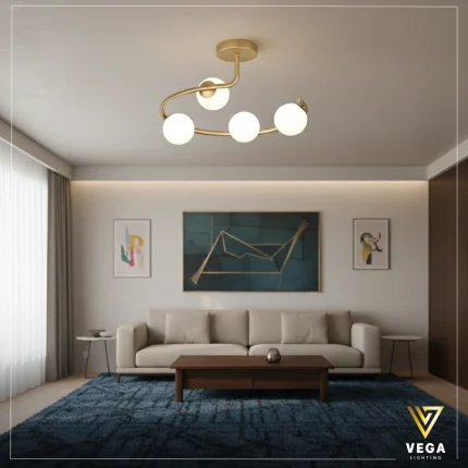 نجفة مودرن ذهبي تـويـسـت بتصميم حلزوني 4 كرات زجاجية في ريسبشن عصري من فيجا لايتنج.