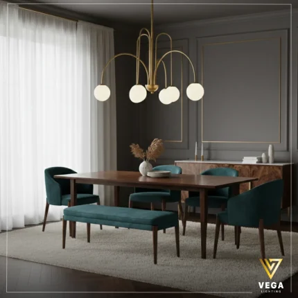 نجفة مودرن ذهبي جـلـوري بـ 5 كرات زجاجية وتصميم أقواس منحنية من فيجا لايتنج.