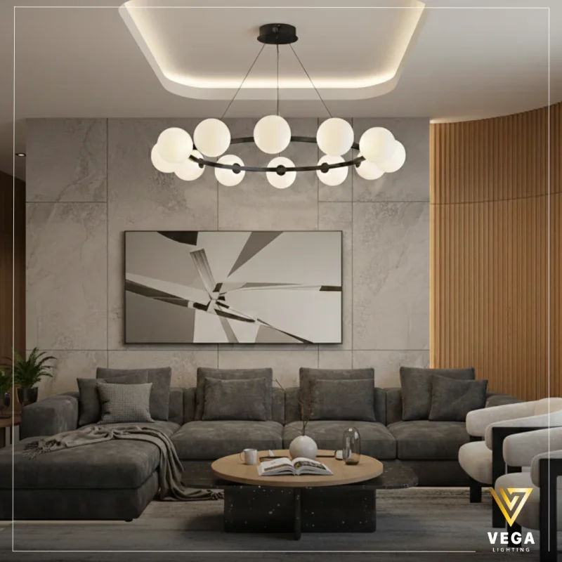 نجفة مودرن ذهبي أيـون دائرية بـ 12 كرة زجاجية في ريسبشن مودرن من فيجا لايتنج