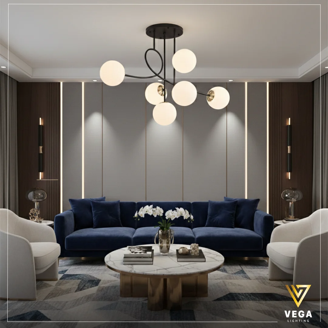 نجفة-مودرن-سوداء-لونا-LN402. نجفة مودرن سوداء لـونـا بـ 6 كرات زجاجية بيضاء في ريسبشن مودرن من فيجا لايتنج.