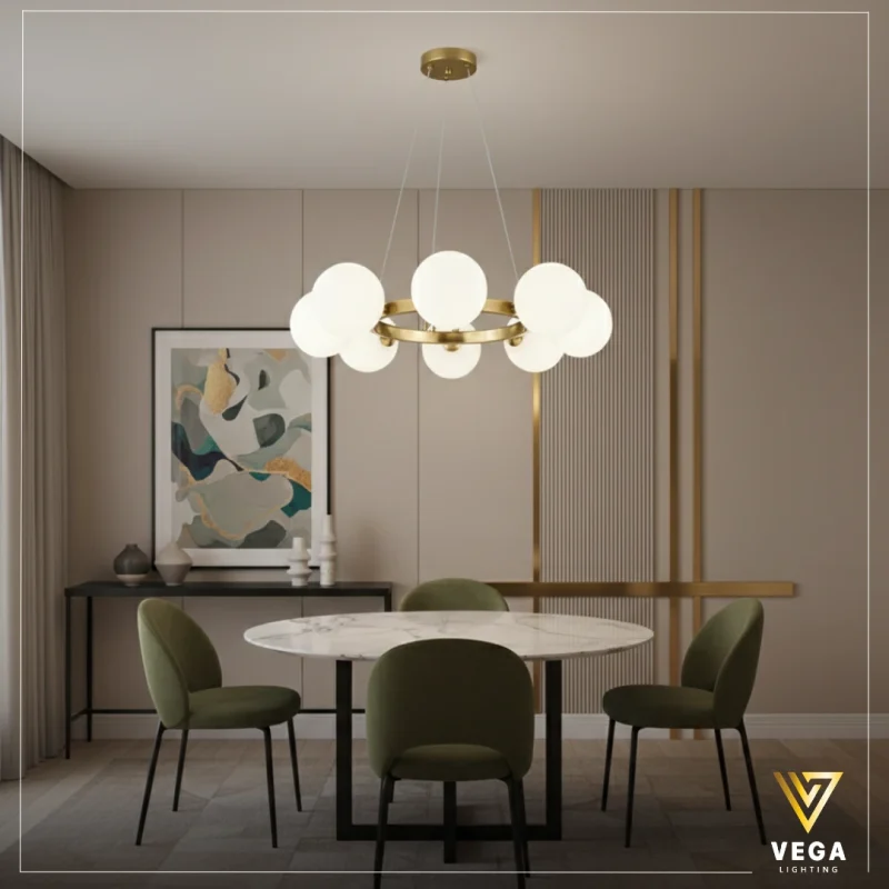 نجفة مودرن ذهبي أرينا دائرية بـ 8 كرات زجاجية فوق طاولة طعام من فيجا لايتنج