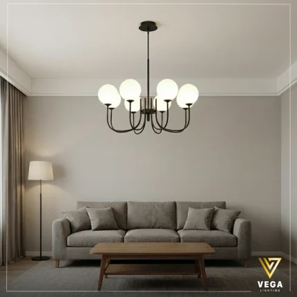 نجفة لونار LUNAR VG297 سوداء مطفية 6 كرات زجاج أبيض تصميم مودرن للريسبشن والسفرة