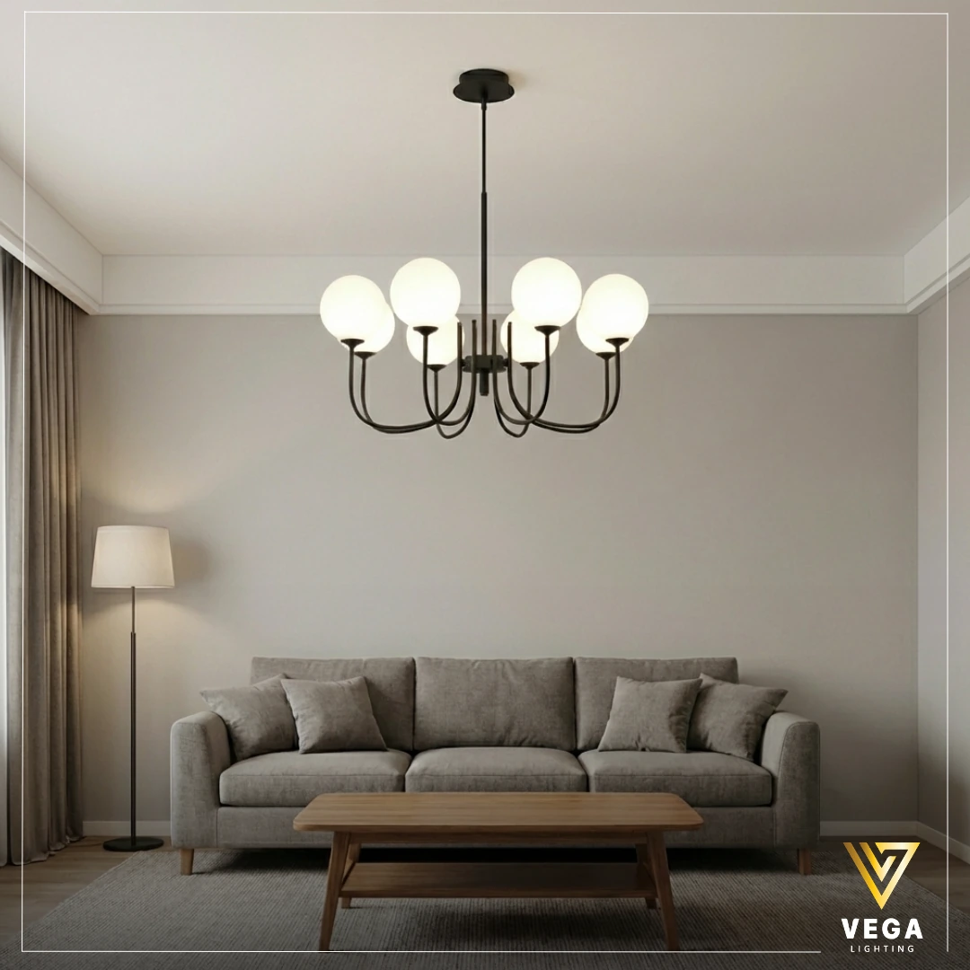 نجفة لونار LUNAR VG297 أسود مطفي 6 كرات نجفة لونار LUNAR VG297 سوداء مطفية 6 كرات زجاج أبيض تصميم مودرن للريسبشن والسفرة