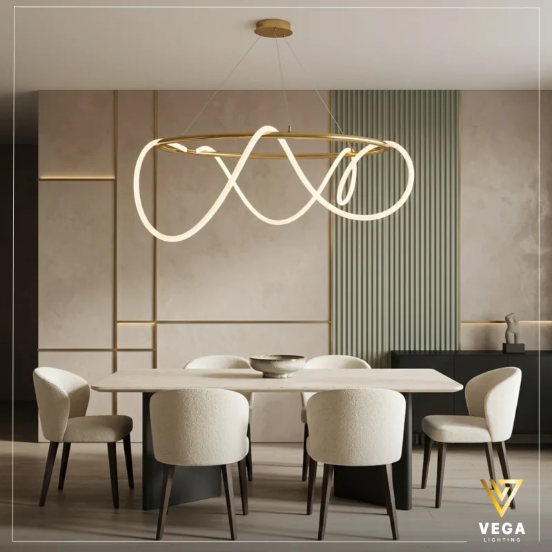 نجفة رينج ذهبية مودرن ستانلس ستيل بتصميم حبل ليد ملتف حول دائرة.