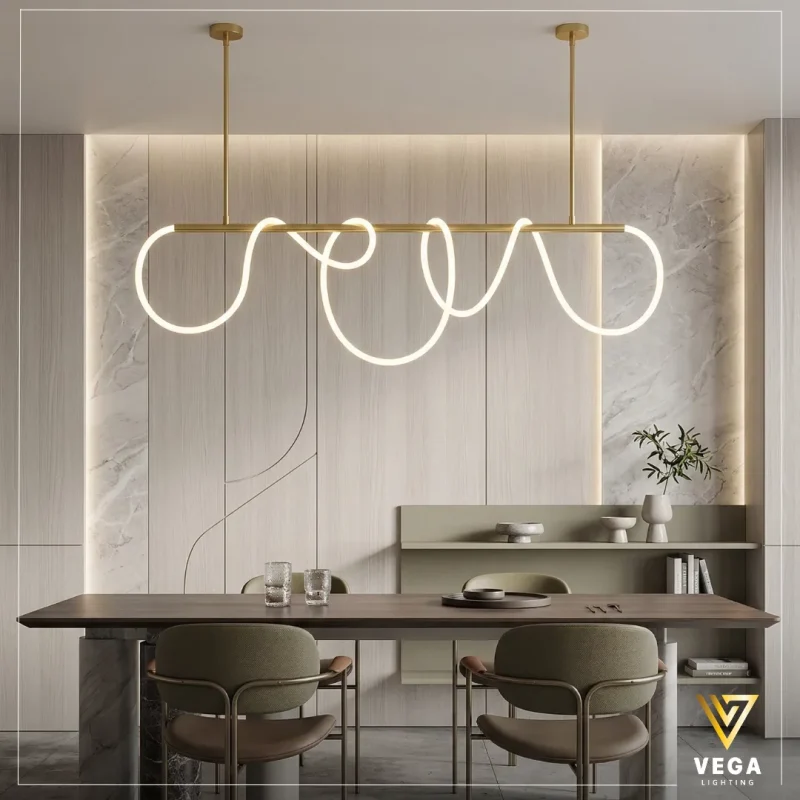 نجفة سبيكترا ذهبية طولية مودرن ستانلس ستيل بتصميم حبل ليد ملتف فوق طاولة طعام.