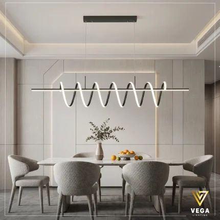 نجفة جايرو – Gyro بتصميم حلزوني أسود مودرن وإضاءة ليد فوق طاولة طعام