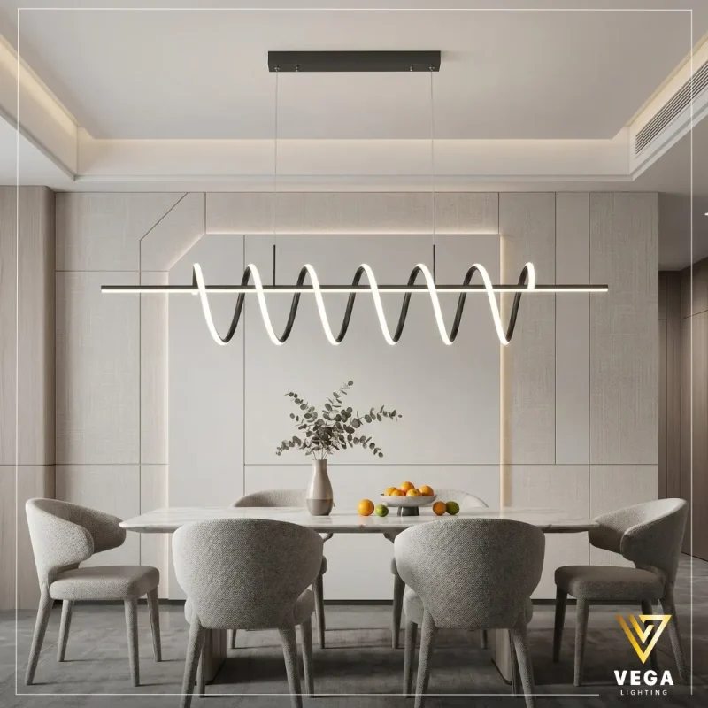 نجفة جايرو – Gyro بتصميم حلزوني أسود مودرن وإضاءة ليد فوق طاولة طعام