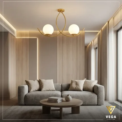 نجفة ليرون LIRON ذهبية بتصميم منحني مزدوج و2 كرة زجاج أبيض