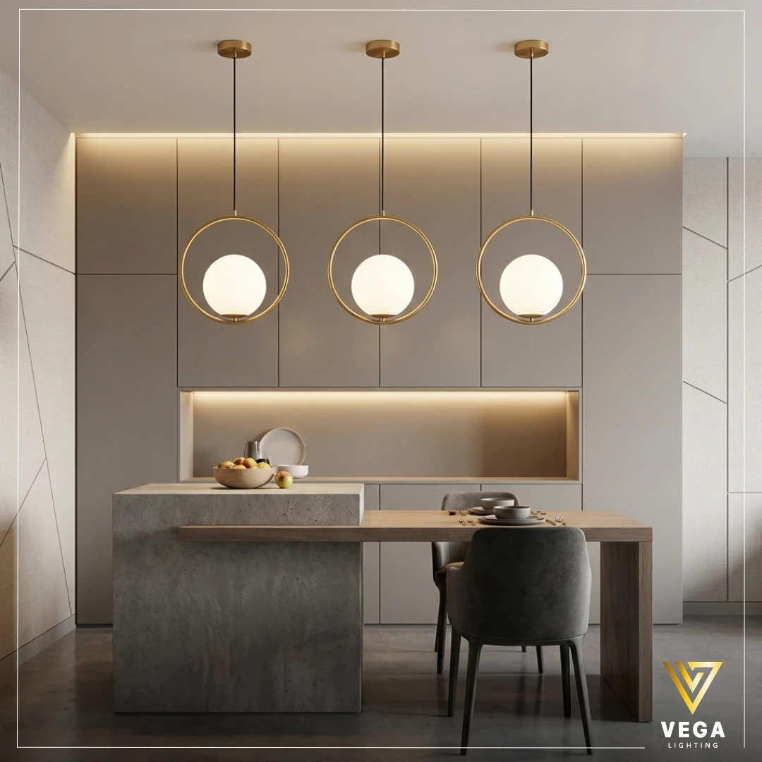 معلقة رينج ثلاثي – RING TRIPLE ذهبية 3 وحدات معلقة رينج ثلاثي RING TRIPLE ذهبية 3 حلقات مع كرات زجاج أبيض فوق جزيرة مطبخ