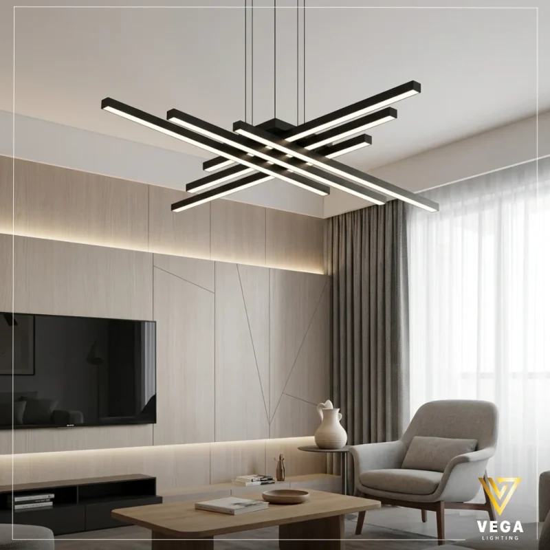 نجفة لاينر Liner ليد مودرن أسود بتصميم خطي في غرفة معيشة عصرية - براند فيجا.