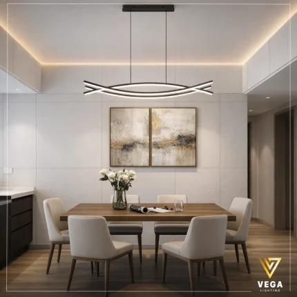 نجفة ريفير River ليد مودرن أسود بتصميم انسيابي فوق طاولة طعام - براند فيجا مصر.