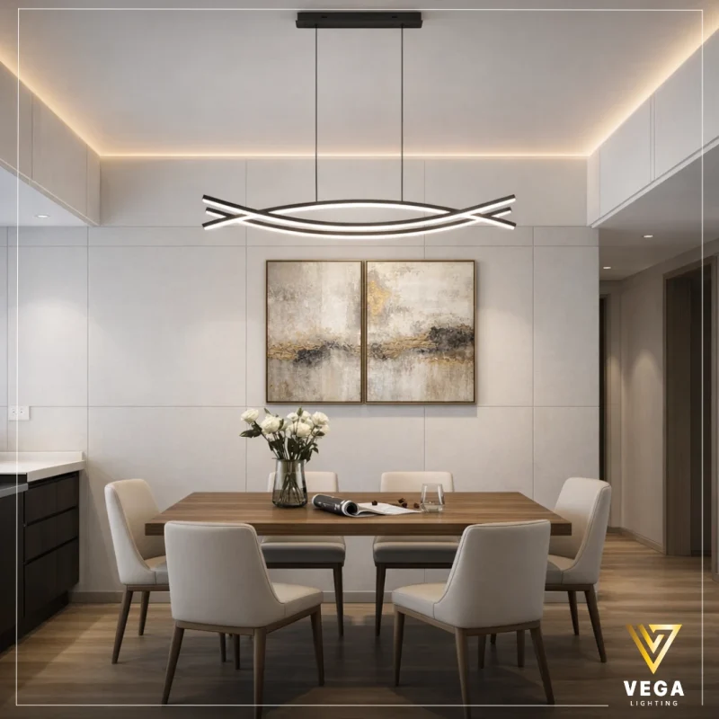 نجفة ريفير River ليد مودرن أسود بتصميم انسيابي فوق طاولة طعام - براند فيجا مصر.