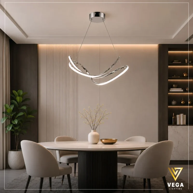 نجفة فينترا LED مودرن بتصميم منحني مزدوج باللون الفضي.